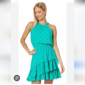 Lilly Pulitzer Pamelyn Lileez Green High Neck Ruffle Dress with Blue Dot Print S